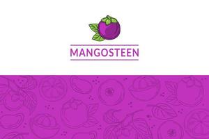 The mangosteen template is drawn with elements of a sketch-style doodle. Whole mangosteen, parts, leaves, slices, core. Collection of fruit images. Vector illustration