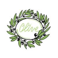 Olive tree emblem. Hand-drawn doodle-style background. Hand-drawn inscriptions. Design for olive oil, olive packaging, natural cosmetics, health products vector