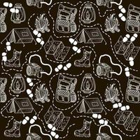 A seamless pattern of hand-drawn doodle elements in sketch style. Illustration for local tourism. Camera strap, tent, shoes and backpack. Vector image of camping or hiking items on black background