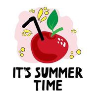 Template for a bright summer card or poster with a red apple, hand-drawn doodle in a flattened style. Summer. An apple with a lemonade straw. Handwritten text vector