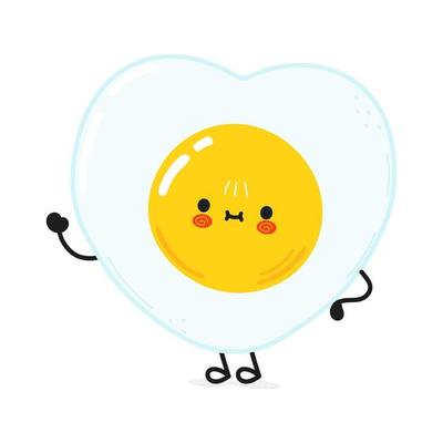 Cute funny fried egg waving hand character. Vector hand drawn cartoon kawaii character illustration icon. Isolated on white background. Fried egg character concept