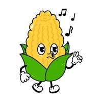 Cute funny corn walking singing character. Vector hand drawn traditional cartoon vintage, retro, kawaii character illustration icon. Isolated white background. Corn walk sing