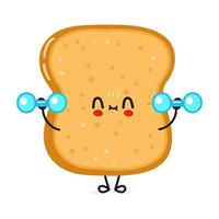 lindo y divertido personaje de pan tostado en rodajas con pesas. icono de ilustración de personaje kawaii de dibujos animados dibujados a mano vectorial. aislado sobre fondo blanco. concepto de gimnasio de carácter de pan tostado en rodajas vector