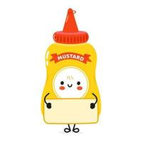 Cute funny mustard with poster character. Vector hand drawn cartoon kawaii character illustration icon. Isolated on white background. Mustard in bottle with poster character concept