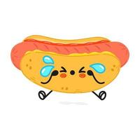 Cute sad hotdog character. Vector hand drawn cartoon kawaii character illustration icon. Isolated on white background. Sad hot dog character concept