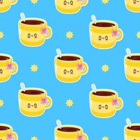 Cute funny yellow cup of tea pattern blue character. Vector hand drawn cartoon kawaii character illustration icon. Isolated on white background. Yellow cup of tea character concept