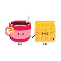 Cute happy cup of tea and waffle card. Vector hand drawn doodle style cartoon character illustration icon design. Happy cup of tea and waffle friends concept card
