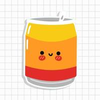 linda lata divertida de personaje de pegatina de soda. icono de ilustración de personaje kawaii de dibujos animados dibujados a mano vectorial. aislado sobre fondo blanco. concepto de personaje de lata de refresco vector