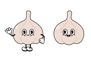 Cute funny garlic character. Vector hand drawn traditional cartoon vintage, retro, kawaii character illustration icon. Isolated on white background. Garlic character