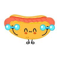 Cute funny hotdog character with dumbbells. Vector hand drawn cartoon kawaii character illustration icon. Isolated on white background. Hotdog character gym concept
