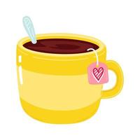 Cute funny yellow cup of tea character. Vector hand drawn cartoon kawaii character illustration icon. Isolated on white background. Yellow cup of tea character concept