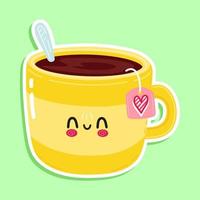 Cute funny yellow cup of tea sticker character. Vector hand drawn cartoon kawaii character illustration icon. Isolated on white background. Yellow cup of tea sticker