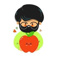 un joven gracioso y lindo sostiene una manzana roja en la mano. joven abraza linda manzana roja. diseño de icono de ilustración de personaje de dibujos animados de estilo de fideos dibujado a mano vectorial. aislado sobre fondo blanco vector