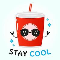 Cute funny red plastic cup cold drink cola and straw card. Vector hand drawn cartoon kawaii character illustration icon. Isolated blue background. Red plastic cup cold drink cola and straw character