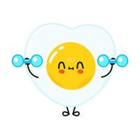 Cute funny fried egg character with dumbbells. Vector hand drawn cartoon kawaii character illustration icon. Isolated on white background. Fried egg character gym concept