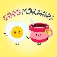Cute happy fried egg and coffee cup. Vector cartoon character illustration. Good morning card
