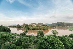 paisaje de selva tropical y ferrocarril histórico en el río kwai por la noche en kanchanaburi, tailandia foto