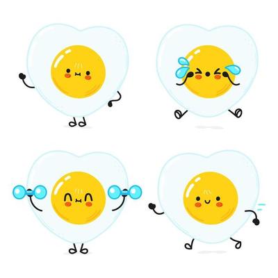 Funny cute happy fried egg characters bundle set. Vector hand drawn doodle style cartoon character illustration icon design. Cute fried egg mascot character collection