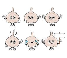 Funny cute garlic characters bundle set. Vector hand drawn doodle style traditional cartoon vintage, retro character illustration icon design. Isolated white background. Garlic characters