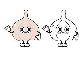 Cute funny garlic waving hand character outline cartoon illustration coloring book.Vector hand drawn traditional cartoon vintage,retro, vegetable marrow. Isolated background vector