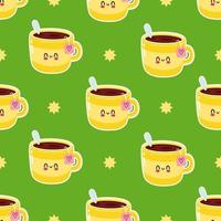 Cute funny yellow cup of tea pattern character. Vector hand drawn cartoon kawaii character illustration icon. Isolated on white background. Yellow cup of tea character concept