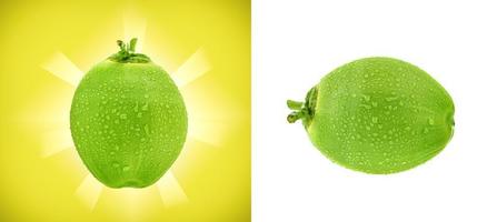 Green coconut with drops of water on a white background.And yellow background photo