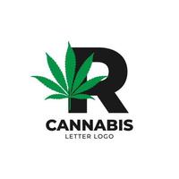 letra r con elemento de diseño de logotipo de vector de hoja de cannabis