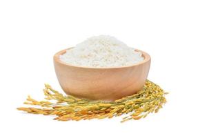 white rice Thai Jasmine rice in the wooden bowl and unmilled rice isolated on white background