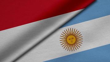 Representación 3d de dos banderas de la república de indonesia y la república argentina junto con textura de tela, relaciones bilaterales, paz y conflicto entre países, genial para el fondo