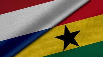 3D Rendering of two flags from Netherlands and Republic of Ghana together with fabric texture, bilateral relations, peace and conflict between countries, great for background photo