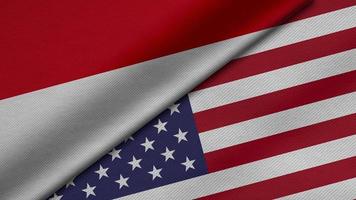 Representación 3d de dos banderas de la república de indonesia y los estados unidos de américa junto con textura de tela, relaciones bilaterales, paz y conflicto entre países, genial para el fondo foto