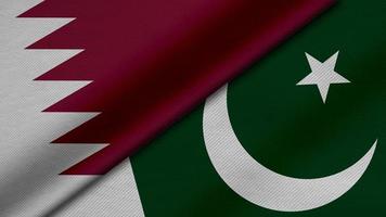 Representación 3d de dos banderas del estado de qatar y la república de pakistán junto con textura de tela, relaciones bilaterales, paz y conflicto entre países, genial para el fondo foto