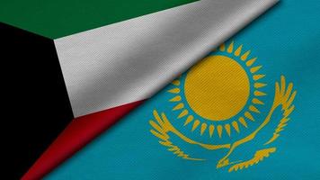 Representación 3d de dos banderas del estado de kuwait y la república de kazajstán junto con textura de tela, relaciones bilaterales, paz y conflicto entre países, genial para el fondo