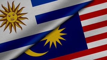 3D Rendering of two flags of Oriental Republic of Uruguay and Malaysia together with fabric texture, bilateral relations, peace and conflict between countries, great for background photo