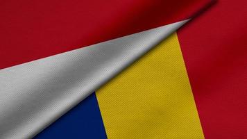 3D Rendering of two flags from Republic of Indonesia and Romania together with fabric texture, bilateral relations, peace and conflict between countries, great for background photo