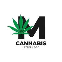 letra m con elemento de diseño de logotipo de vector de hoja de cannabis