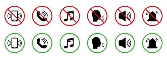 Notification Call Black Silhouette Icon Set. Silence Mute Zone Red Forbidden Round Sign. Use Phone Speak Loud Allowed Area Green Symbol. Warning Ban Noise Rule. Isolated Vector Illustration.