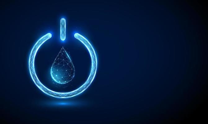 Abstract blue water drop inside the glowing power button.