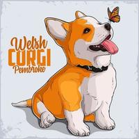 lindo perro de raza galés corgi pembroke en toda su longitud con mariposa monarca en la nariz vector