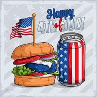 Burger and soda can with USA flag pattern for 4th of July American independence day and Veterans day vector