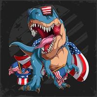 dinosaurio t rex azul rugiendo con la bandera de estados unidos y gafas de sol para el 4 de julio, el día de la independencia de estados unidos vector