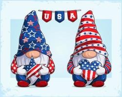 lindos gnomos disfrazados del 4 de julio sosteniendo la estrella y el corazón de estados unidos celebrando el día de la independencia americana vector