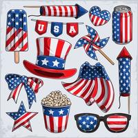 4th of July elements collection, Uncle Sam hat fireworks star and more independence day veterans day vector