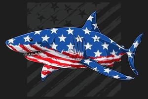 Great white shark with USA flag pattern for 4th of July, American independence day and Veterans day vector