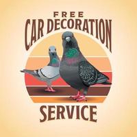 Pigeons free car decoration service, funny doves, crazy pigeons vector