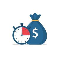 Money bag and stopwatch. Quick loan. Timely payment, financial decision. Quick money. Credit in the short term. Business and finance. vector