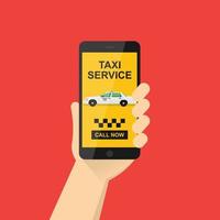 hand holds a mobile phone with the application on the screen. Taxi service application on a smartphone to order services. vector