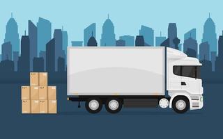 camión de servicio de entrega blanco y cajas de cartón en el fondo de la ciudad. vista lateral. mercancías, entrega, transporte. vector