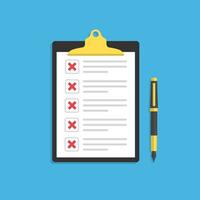 document or checklist with red crosses and pen. vector