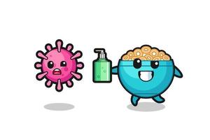 illustration of cereal bowl character chasing evil virus with hand sanitizer vector